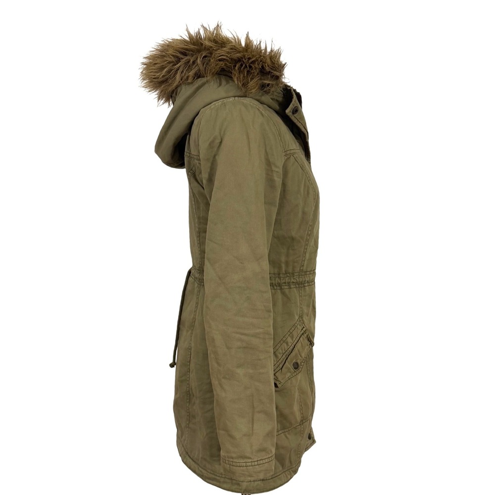 Hollister Women's Olive Green Faux Fur Hood Cotton Parka Jacket Size S Y2K - Picture 3 of 8